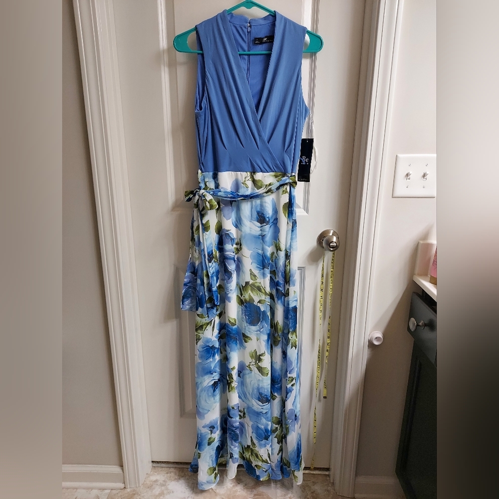 NWT Women's Be by Chetta B Elegant Blue Floral Maxi Dress, 6